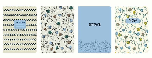 Set of cover page templates based on patterns with hand drawn flowers in ditsy style and spiral lines. Backgrounds for notebooks, notepads, diaries. Headers isolated and replaceable