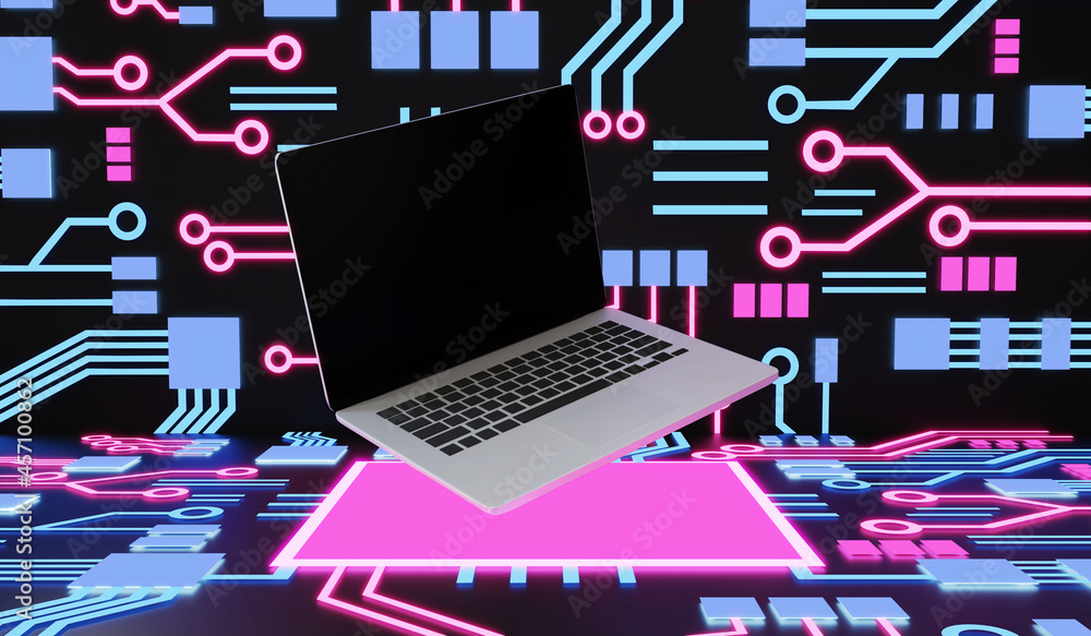 Aufkleber 3d rendering : illustration of laptop notebook mock up with glowing circuit board color background. 