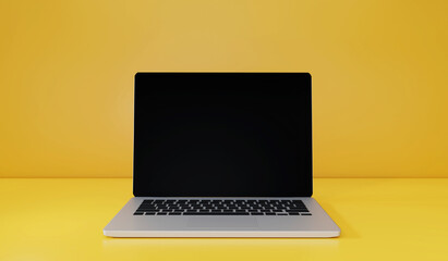 3D Rendering : Illustration of front view of laptop on yellow flat desk and wall background. technology item gadget. trending item hipster. black monitor. minimalism picture style.