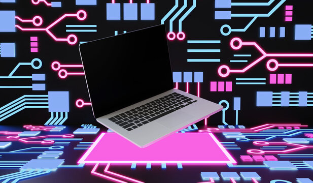 3D Rendering : Illustration of laptop notebook mock up with glowing circuit board color background. float or levitate laptop. technology gadget for hipster background concept. high resolution
