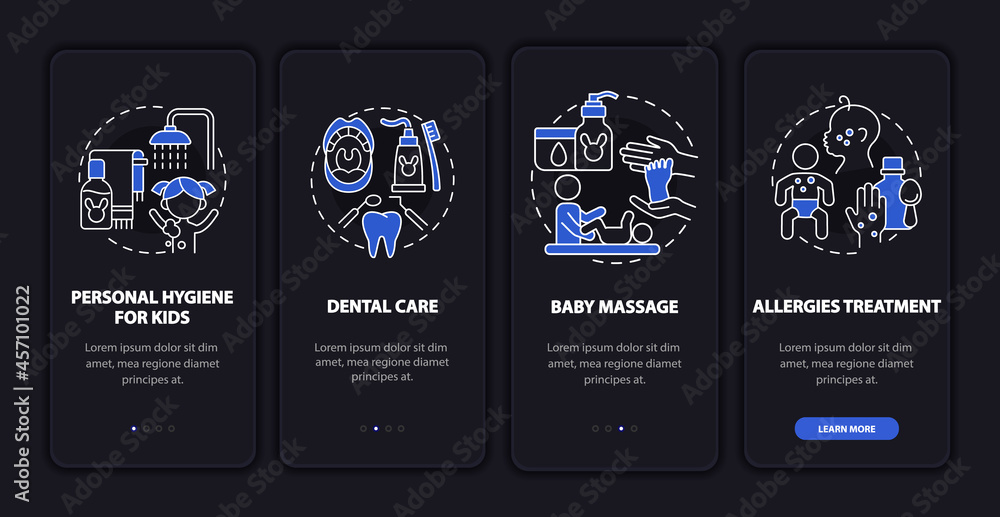 Poster child care onboarding mobile app page screen. infant physical health walkthrough 4 steps graphic ins