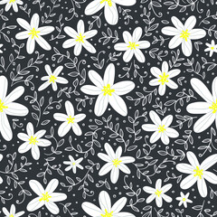 Cute white flowers with yellow hearts and small twigs and leaves on a black background. Seamless botanical pattern. Vector image.