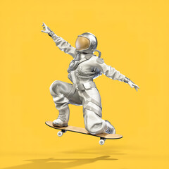 Astronaut balancing on a skateboard, yellow background. 3D illustration