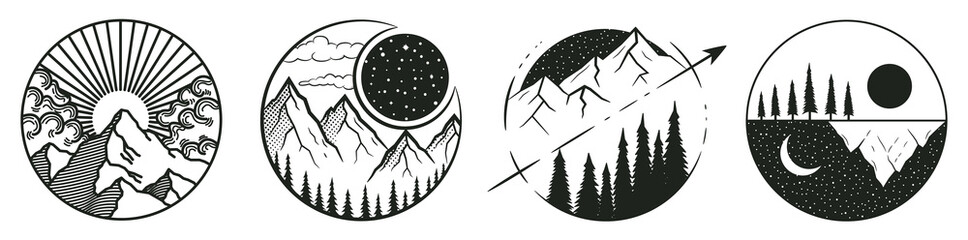 Wild abstract landscape set. Tattoo sketch. Handdrawn sketch converted to vector. Illustration great for travel ads, brochures, labels, flyer decor, apparel, t-shirt print.