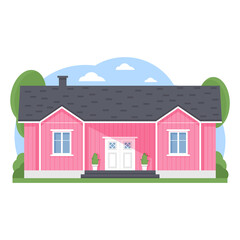 Pink house in flat style. Property, ownership and real estate business concept. Vector suburban house isolated on white background.