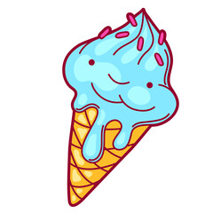 Illustration of ice cream cone in cartoon style. Cute funny character.