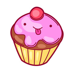 Illustration of cupcake in cartoon style. Cute funny character.