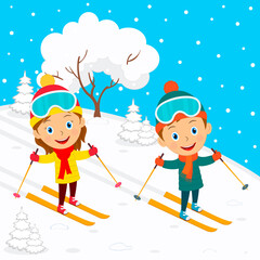 cute cartoon kids skiing