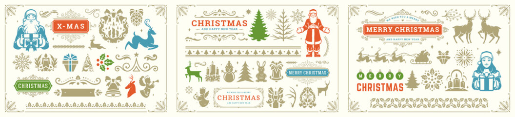 Christmas vector decoration elements with ornate vignettes and symbols set.