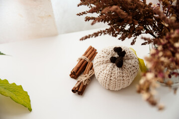 Crocheted pumpkin for autumn decor of the house is beige.