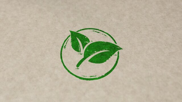 Green leaf eco friendly symbol stamp and hand stamping impact animation. Co2 neutral, ecology, environment, nature and climate 3D rendered concept.