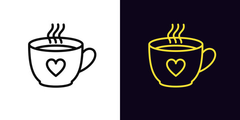 Outline coffee cup icon, with editable stroke. Linear tea cup sign with heart, mug silhouette