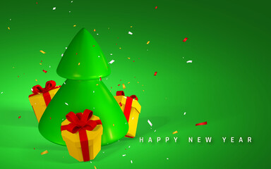 Festive New Year Background. 3D render and draw by mesh xmas tree with gift boxes and confetti. Vector illustration