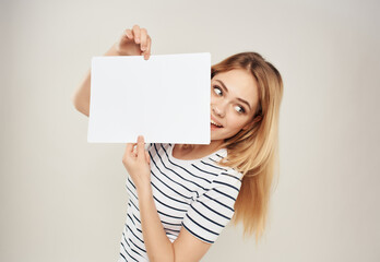 cheerful blonde in a striped t-shirt white sheet Coffee Space advertising