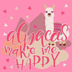 Vector alpaca illustration. Alpaca and lettering print. Alpaca, clouds triangle, clouds and mountains. Lettering. Perfect for greetings, invitations, manufacture wrapping paper, textile and web design