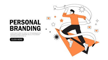 Personal brand design concept with business man fly upwards on paper plane trying to reach his goal. Landing page template, banner, ui. Business developement, career success or growth and opportunity.