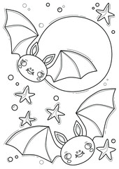 Cartoon page for coloring book with a vampire bat, hand-drawn vector illustration.