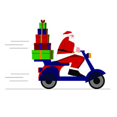 The Christmas Flat Illustrations isolated on white in a flat style. Сute happy Santa Claus riding a motor scooter, with a colorful boxed gifts. Christmas holiday greeting card design element