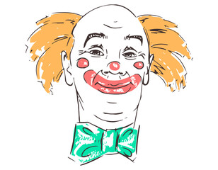 Clown portrait illustration, freehand line art drawing. Comical head, smiling face. Traditional pop art sketch