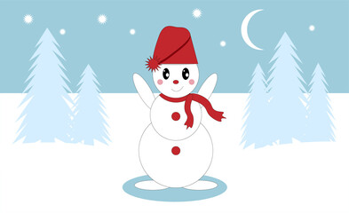 Happy snowman standing in winter christmas landscape. Merry christmas and happy new year greeting card. Funny snowman in hat on snowy background. Copy space for text. Vector illustration.