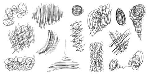 Vector collection of isolated black color chaos lines. Hand drawing tangled continuous lines on the white background. Set of doodle sketch elements.