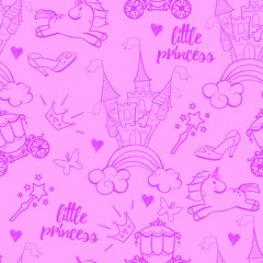 Princess Seamless Pattern for textile  with castle, crown, butterfly, stars, diamond. Abstract seamless pattern for girls.