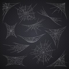 Isolated spider web and cobweb, Halloween holiday decorations on vector transparent background. Cartoon spiderwebs or sticky nets on corners, Halloween horror night party spooky decor