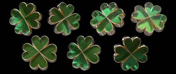 Glass Green And Golden Four Leaf Shamrock Clovers, Symbol Of Luck, Isolated On The Black Background - 3D Illustration