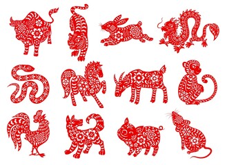 Chinese zodiac horoscope animals. Red papercut characters of lunar calendar twelve sequences vector symbols. Rat, ox, and tiger, rabbit, dragon and snake, horse, goat and monkey, rooster, dog and pig