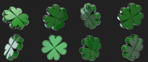 Green And Golden Four Leaf Shamrock Clovers, Symbol Of Luck, Isolated On The Black Background - 3D Illustration