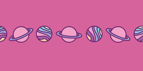 Pink border planet repeat colorful print background design. Seamless vector illustration. Great for kids and fun projects. Surface pattern design.