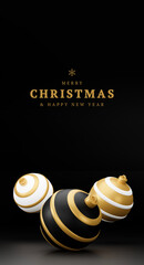 Merry Christmas and Happy New Year 3d render vertical illustration card with ornate gold, black and silver xmas balls and decoration. Winter decoration, minimal design