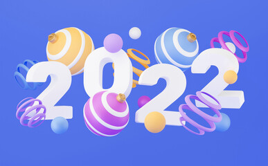 2022 new year banner. 3d render, abstract colorful geometric background, multicolored balls, balloons, primitive shapes, minimalistic design. Merry christmas and happy new year greeting card