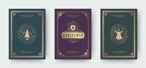 Fototapeta na wymiar Christmas greeting cards set with vintage typographic design ornate decoration