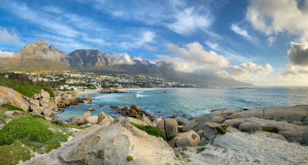Scenic view of Camps Bay, South Africa with twelve apostles in the background.