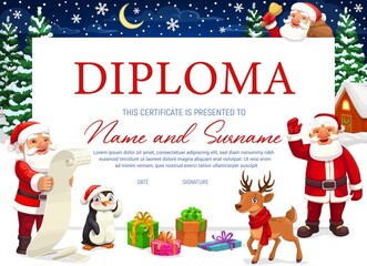 Children diploma certificate with background frame of Christmas cartoon characters. Vector template of educational achievement or appreciation award of school student with Santa, Xmas tree, gift boxes - obrazy, fototapety, plakaty