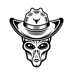 Alien head in cowboy hat vector illustration in monochrome vintage style isolated on white background