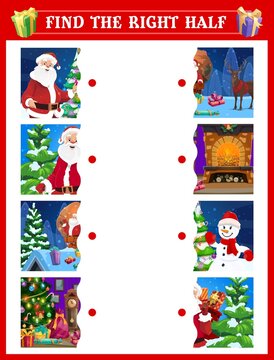 Matching halves game with Christmas cartoon characters. Vector kids education logic puzzle, riddle or brain teaser with find and connect pictures of Santa Claus, Xmas tree, gifts, snowman and reindeer