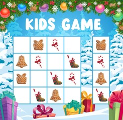 Children Christmas crossword, logical game. Child holiday playing activity, kids games book page template. Christmas tree, gingerbread cookies and stocking, candy cane, holiday gifts cartoon vector