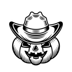 Halloween pumpkin in cowboy hat vector graphic object or design element in vintage monochrome style isolated on white background