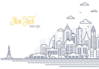 New York City landscape template. Thin line Cityscape, Manhattan or downtown with high skyscrapers. Outline style vector illustration on white background.