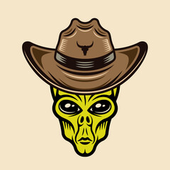 Alien head in cowboy hat vector illustration in colorful cartoon style isolated on light background