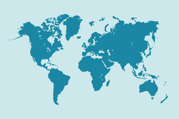 Fototapeta na wymiar World map on blue background. World map template with continents, North and South America, Europe and Asia, Africa and Australia Monochrome world map icon Freehand drawing