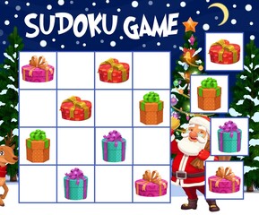 Fototapeta premium Kids sudoku game with Christmas gifts boxes. Child winter holidays riddle, children puzzle maze with wrapped and decorated presents, Santa Claus and reindeer characters, Christmas tree cartoon vector