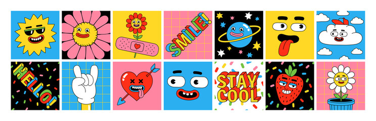 Funny cartoon characters. Sticker pack, square posters, prints in trendy retro cartoon style.