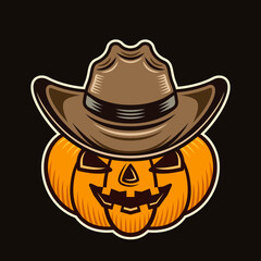 Halloween pumpkin in cowboy hat character colorful vector illustration in cartoon style isolated on dark background