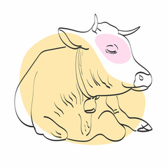 Alps cow lying on the ground in vector illustration. Isolated on white background. Hand drown. Farming, cattle, milk. Home animals, Hoofed, bull. landscape, nature, Europe mountains.