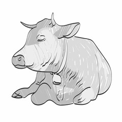Alps cow lying on the ground in vector illustration. Black and white style. Isolated on white background. Hand drown. Farming, cattle, milk. Home animals, Hoofed. landscape, nature, Europe mountains.