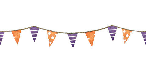Obraz premium Halloween seamless garland. Hanging flags in halloween colors on white background. Hand drawn triangle flags orange, purple element. Party festive decor. Hanging bright seamless garland