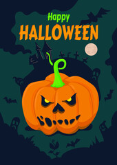 A Halloween poster with a scary illustration in orange and green tones. Creepy design of an a4-sized Halloween greeting card. Ideal for party invitations, events, social networks, banners.